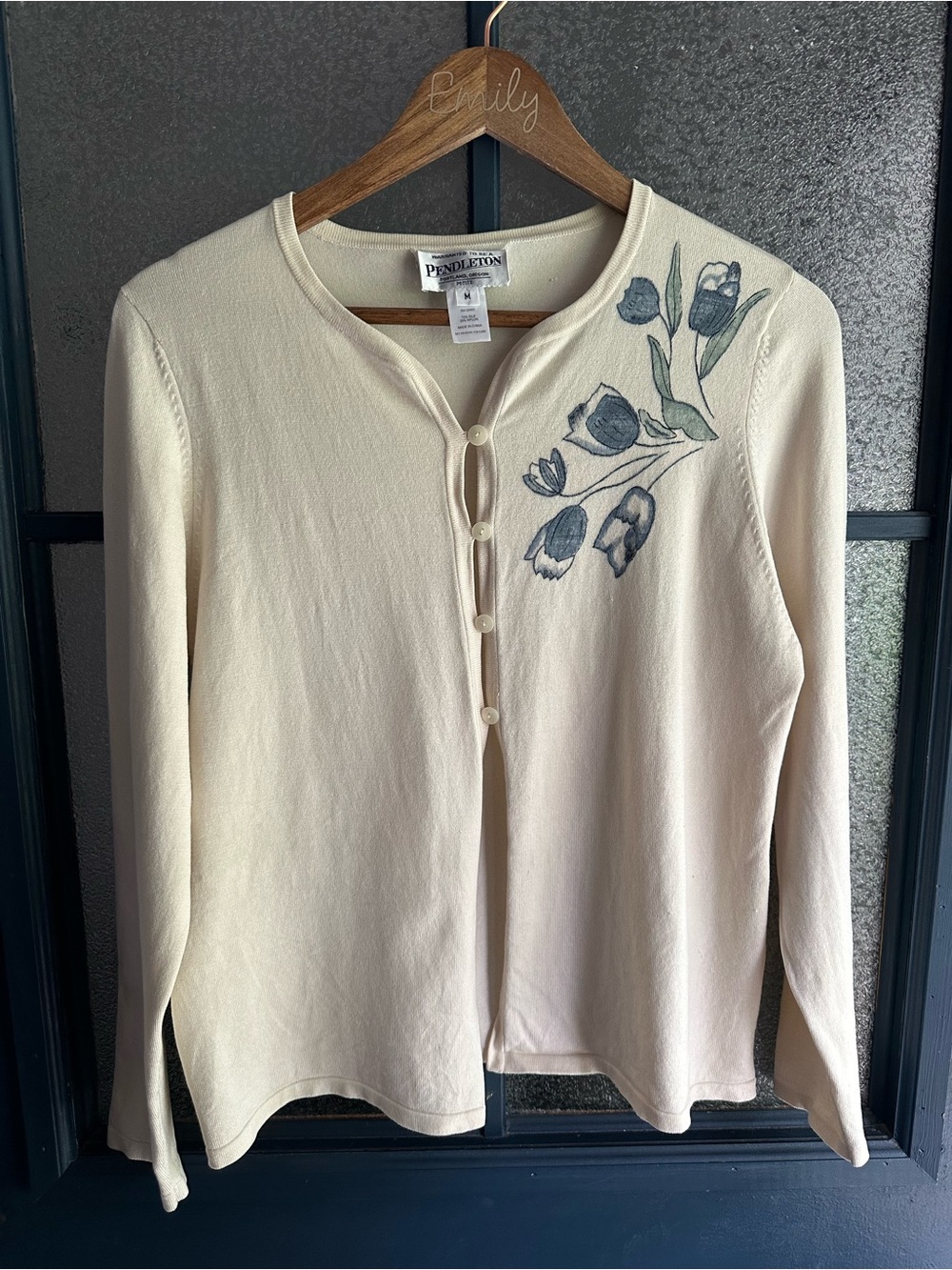 Vintage Pendleton Cream Button-Front Floral Detailing Cardigan